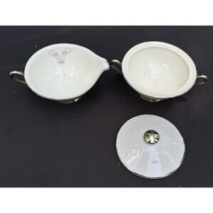 Syracuse China Coronet Creamer w/ Dish Sugar Bowl & Cover Gray Feathers Pink Bow